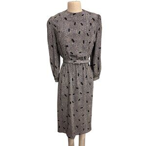 Vintage Lady Carol Petites Black Beige Abstract Printed Belted Midi Dress Fundra